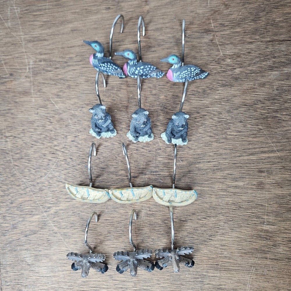 Rustic Lodge Northwoods Shower Curtain‎ Hooks Set 12 Moose Bear Loon Canoe Resin